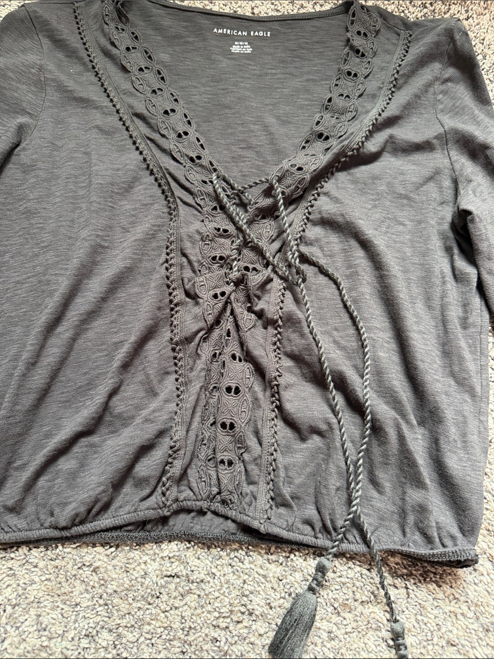 American Eagle Outfitters Black Cropped Lace-Up V-Neck Long Sleeve Top